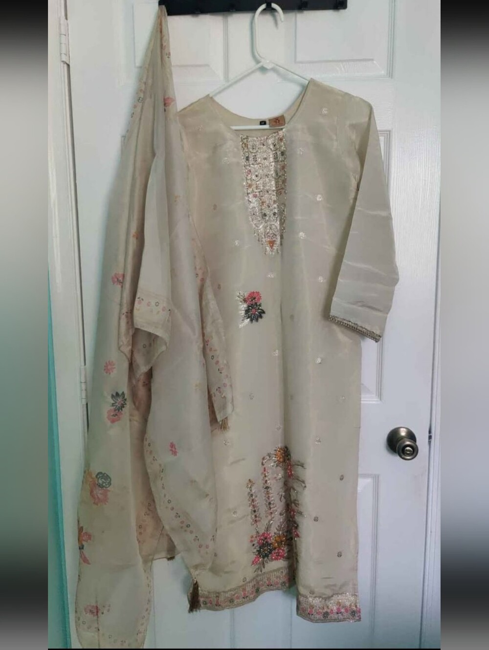 Adult Medium 3 Piece Shalwar, Embroidered Cream Top, Dupatta And Pants.